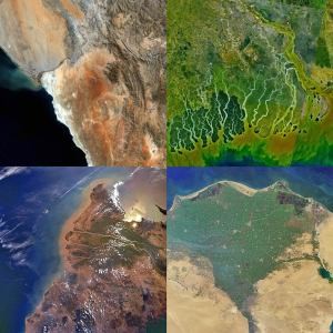 Typologies of a basin as “conflictual” or “cooperative” paint over the ever-evolving deliberation and contestation of river basin development by various stakeholders at multiple spatial scales. (NASA imagery of river basin mouths. clockwise from top-left: Orange, Ganges, Mekong, Nile)